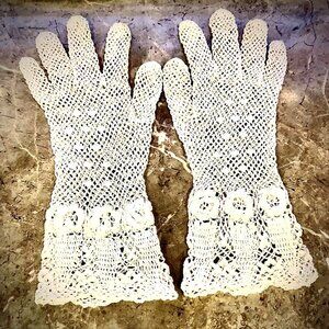 ALEXANDRA'S ACCENTS Edwardian Ivory Crochet Lace Gloves Rosette Ruffle Cuffs S